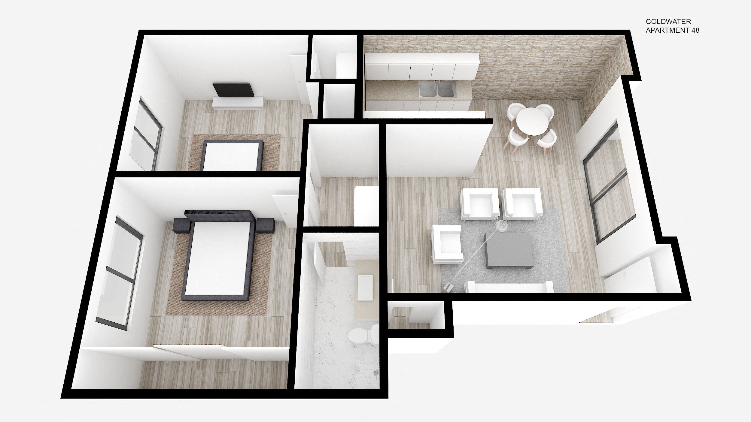 Floor plan for 2 beds, 1 bath, 924 sqft